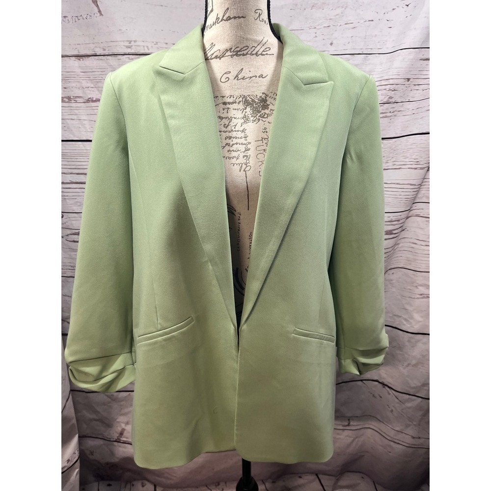Nine West Womens Sage Green Ruched 3/4 Sleeve Open Front‎ Blazer Size L